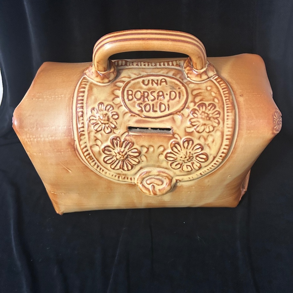 Italian ceremic brown coin bank with handle, 8x9 inches